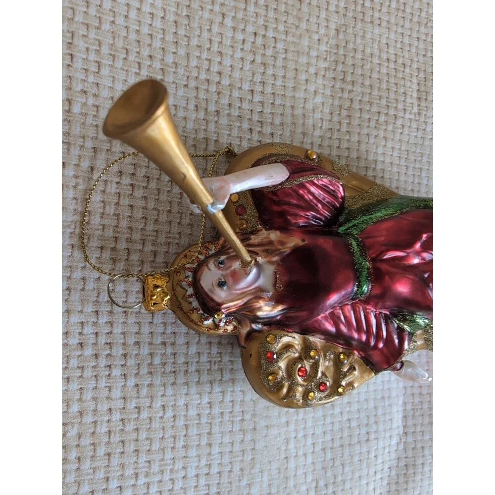 VTG Christmas Angel Ornament European Style Glass Hand Blown Horn Jeweled